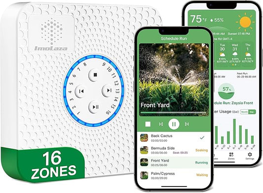 ImoLaza Smart Sprinkler Controller Evapotranspiration Master: 16 Zones WiFi Irrigation Controller with Automated Watering and App Control, Save Water Through Rain, Freeze, Wind and Saturation Skip