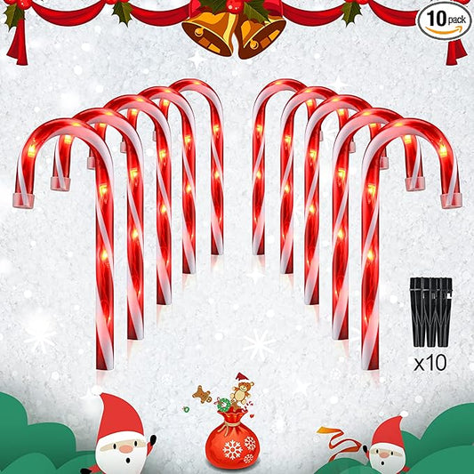 10" Christmas Candy Cane Lights - Set of 10 Pathway Markers Christmas Outdoor Yard Decorations, Xmas Candy Cane Stake Lights for Lawn, Walkway, Garden, Xmas Party Indoor Ornaments