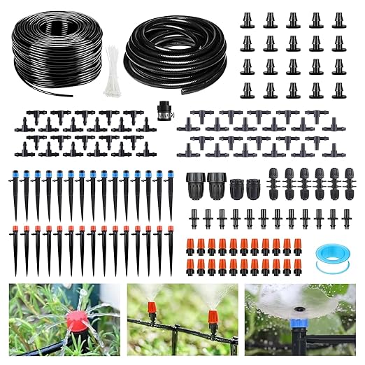 265FT Automatic Drip Irrigation System,Quick Connector Garden Watering System Sprinkler System Kit for Lawn Raised Bed Greenhouse Plant Watering System with 1/4'' Tubing,Drip Emitters,Connectors