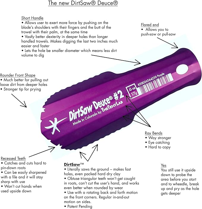 DirtSaw® Deuce #1 - .45 oz Ultralight Backpacking Trowel, Color: madeinUS_Sky