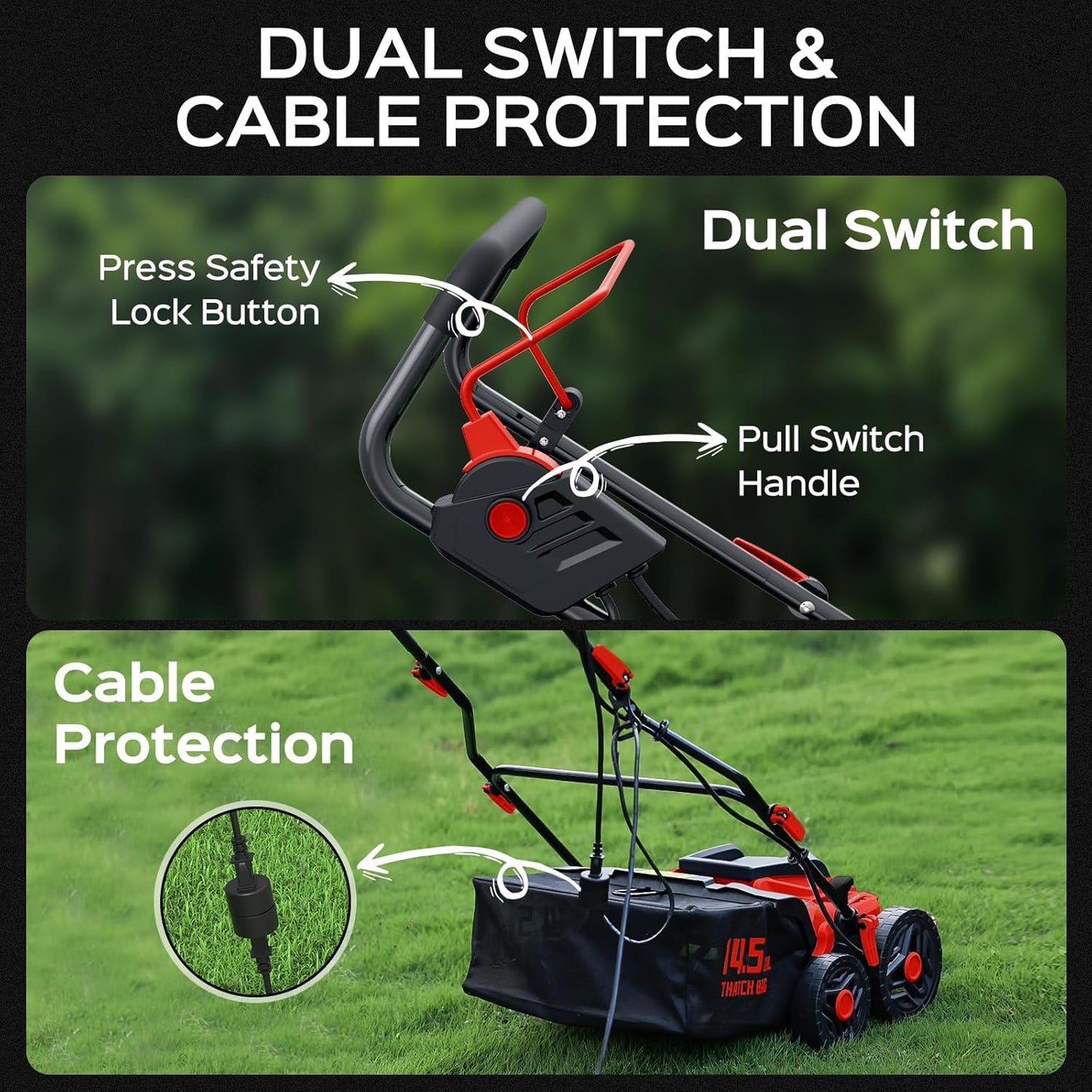 16-Inch 15.5 Amp 2-in-1 Electric Dethatcher and Scarifier with 14.5-Gallon Collection Bag, Lawn Dethatcher with 5-Position Adjustment, Quick-Fold, Keeps Lawn Healthy - Red