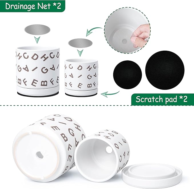 D'vine Dev Set of 2 Ceramic Planter Pots with Drainage Hole and Saucer, 4.5 Inch 6 Inch Plant Pots for Plants Indoor Houseplants, White, 99-G-1