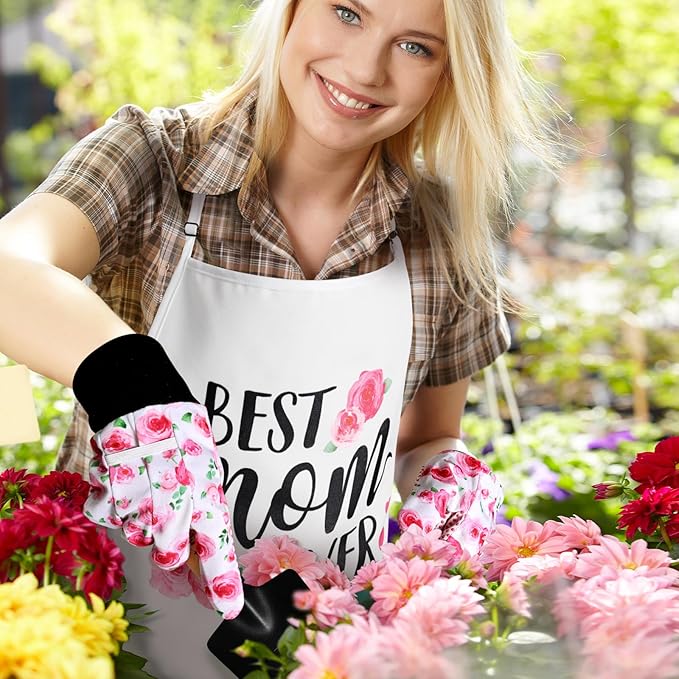 Percozzi Mom Birthday Gifts Pink Gardening Tools Kit Rose Planting Tools Straw Hat Floral Apron Glove Women Spring Mother's Day Basket for Her Mother Plant Lovers Outdoor Horticulture Starter