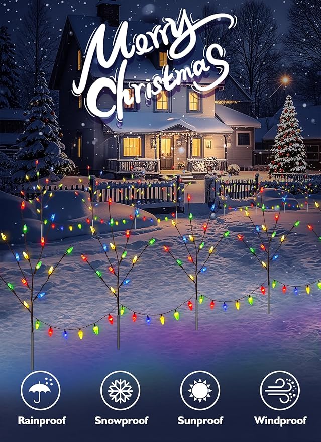 Brightown Christmas Pathway Lights Outdoor, 4 Packs Lighted Branch Lights Plug in, C6 Driveway Christmas Lights, Outdoor Christmas Stems Outdoor Decorations Yard, Multicolor