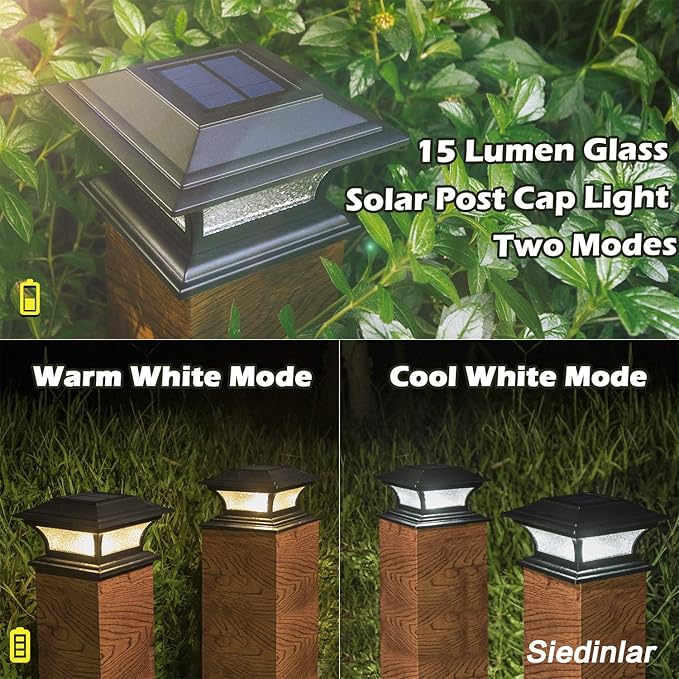 SIEDiNLAR Solar Post Cap Lights Outdoor Glass LED Fence Deck Light 2 Modes for 4x4 5x5 6x6 Wooden Vinyl Posts Patio Garden Decoration Warm White/Cool White Lighting Black (6 Pack)