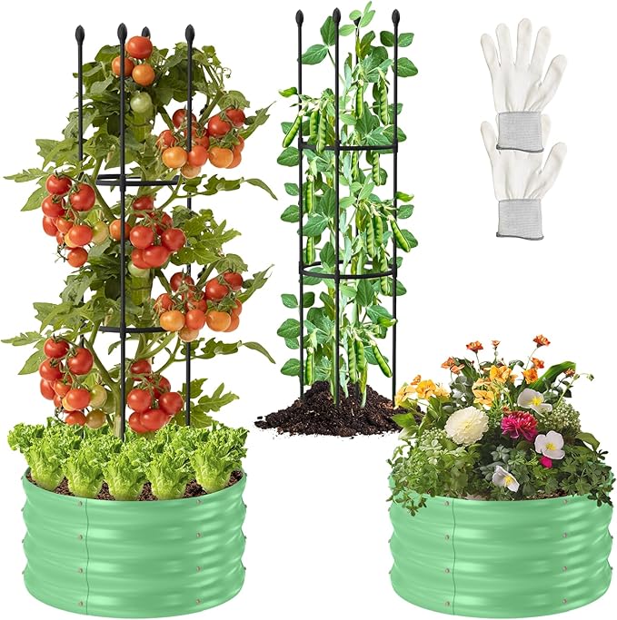 1 Pack Raised Garden Beds Outdoor, Galvanized Metal Raised Garden Bed with Trellis, 23.6x23.6x60in Tomato Cages for Garden Planters Box with Trellis for Climbing Plants Vegetable Vine Flowers