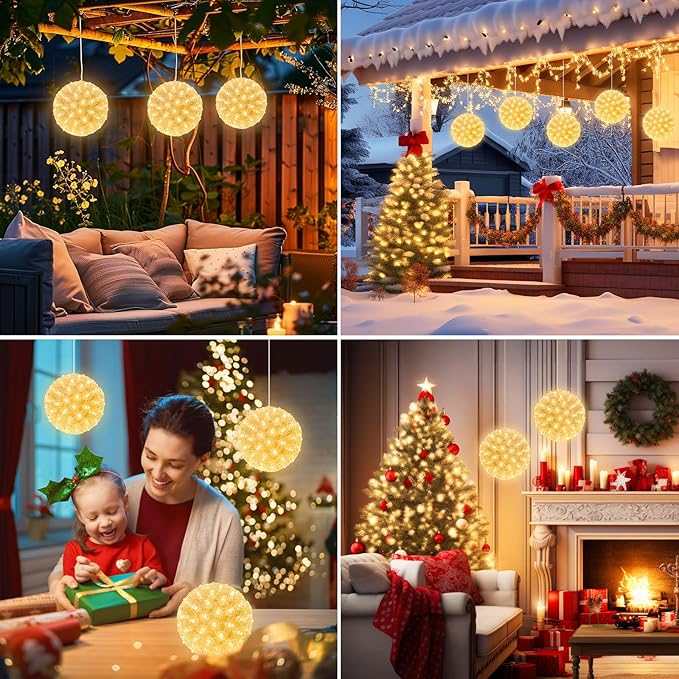 Brightown 6" Christmas Lighted Sphere Balls, 100 LED Warm White Starlight Ball - Plug-in Waterproof Outdoor & Indoor Christmas Holiday Decoration