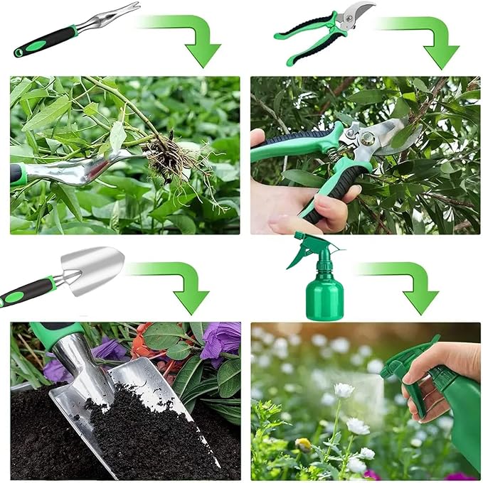 Garden Tool Set with Non Slip Rubber Grip,9 Piece Stainless Steel Gardening Tool Sets,Heavy Duty Outdoor Hand Tools Durable Storage Tote Bag,Uprooting Weeding Tool, Gifts for Women Men Children Green
