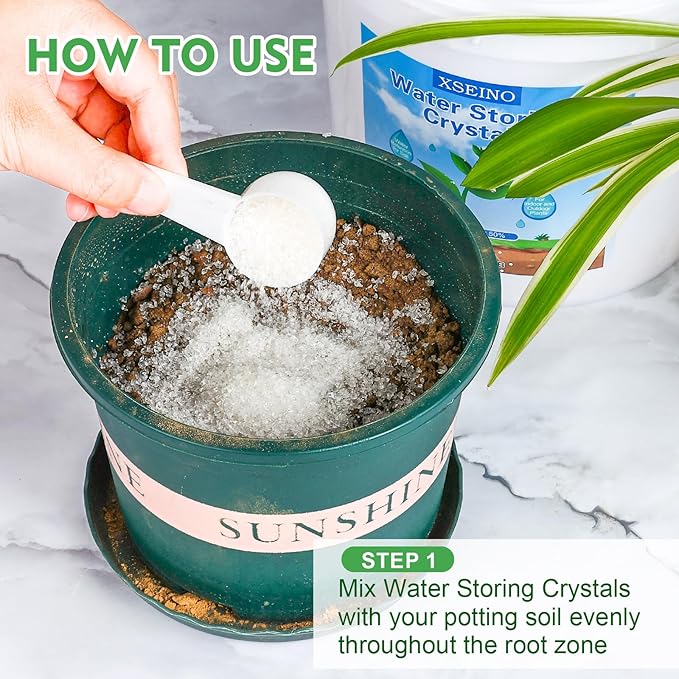 XSEINO 5LB Water Storing Crystals for Plants, Water Gel Solves Plant Over-Watering and Drought Problems, Keeps The Soil Moist, Small Water Storing Polymer Crystals for Plants