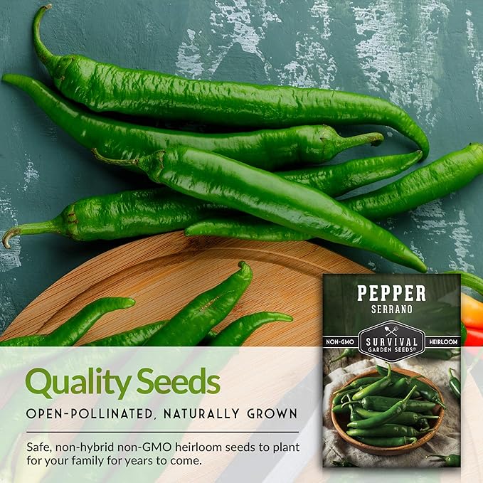 Survival Garden Seeds Serrano Pepper Seeds for Planting – 5 Packs with Instructions to Grow Spicy Mexican Peppers in Your Home Vegetable Garden – Non-GMO Heirloom Variety Seeds