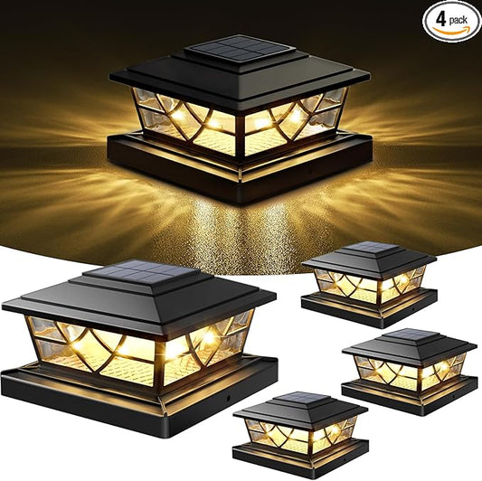 NIORSUN Solar Post Lights Outdoor 4 Pack, 2 Modes LED, Deck Fence Post Solar Lights for 3.5x3.5 4x4 5x5 5.5x5.5 Caps Patio Garden Decoration, Black