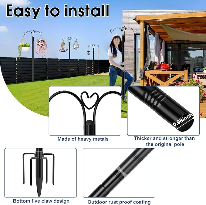 Ottsuls Bird Feeder Pole, 2 Pack 92 INCH Double Shepherds Hooks for Outdoor, with 5 Base Prongs Heavy Duty Tall Garden Planter Hooks for Hanging Flower Basket, Lantern, Hummingbird Feeder