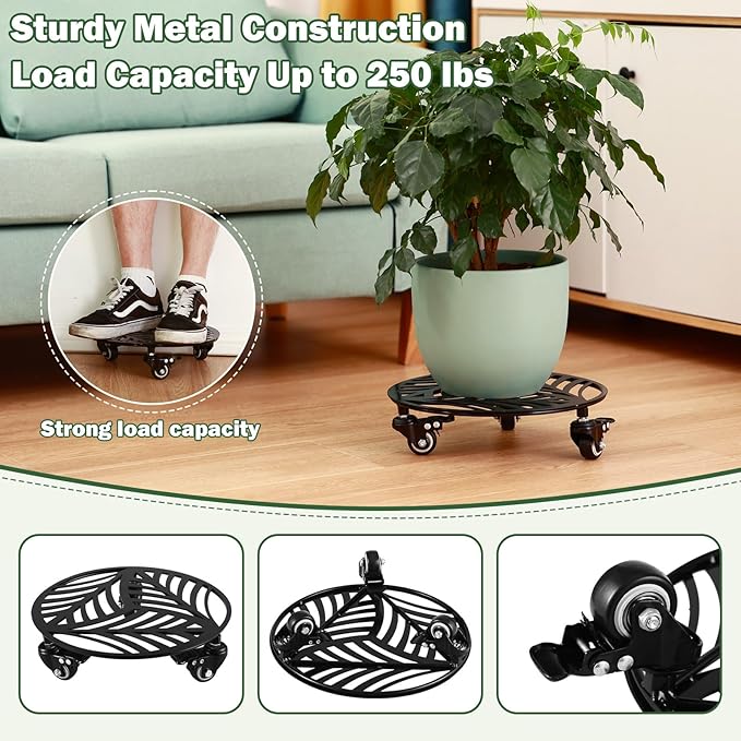 1 Pack Large Metal Plant Caddy with Wheels 13.6 Inches Heavy-duty Wrought Iron Rolling Plant Stand with Casters Indoor Outdoor Plant Roller Base Planter Movers Plant Dolly Coaster Trolley Black