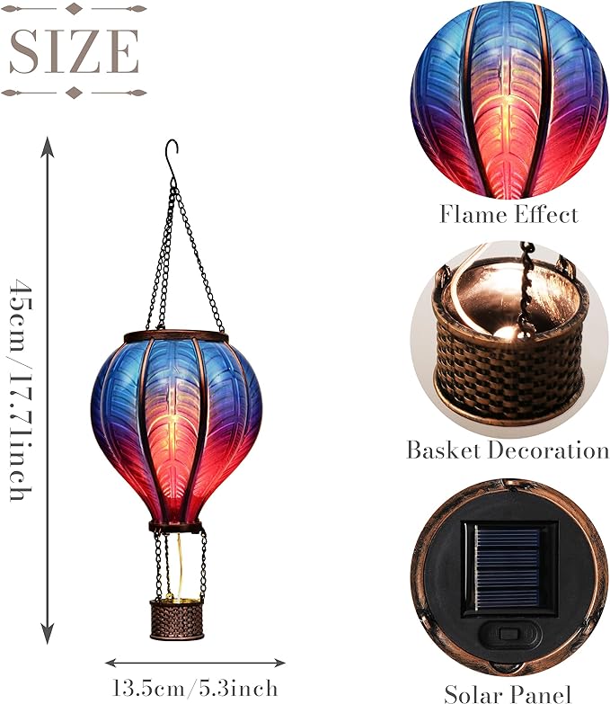 TERESA'S COLLECTIONS Hot Air Balloon Solar Lantern for Garden Decor Halloween Christmas Party,Flickering Flame Hanging Solar Light for Outdoor ,Blue & Purple Plastic Lamp for Yard Tree,Gift for Mom