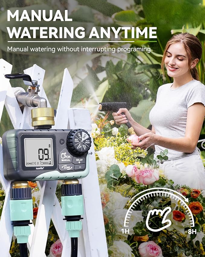 RAINPOINT 2 Zone Sprinkler Timer with Brass Inlet and Outlet - Water Timer for Garden Hose with Rain Delay/Manual Watering/Automatic Irrigation Controller System - Water Hose Timer for Yard Lawn