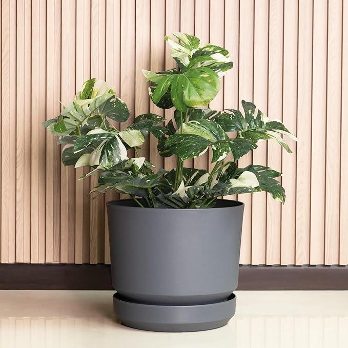 Elly Décor 14 inch Plastic Cylinder Planter Pot with Self-Watering Saucer and Drainage Hole,Lightweight & Extremely Durable, 14"x 14", Gray
