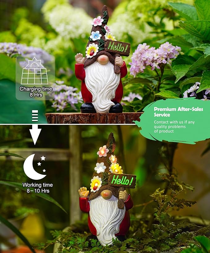 Gnome Solar Statues for Garden Decor - Outdoor Decorations Art Figurine for Patio Balcony Yard Lawn