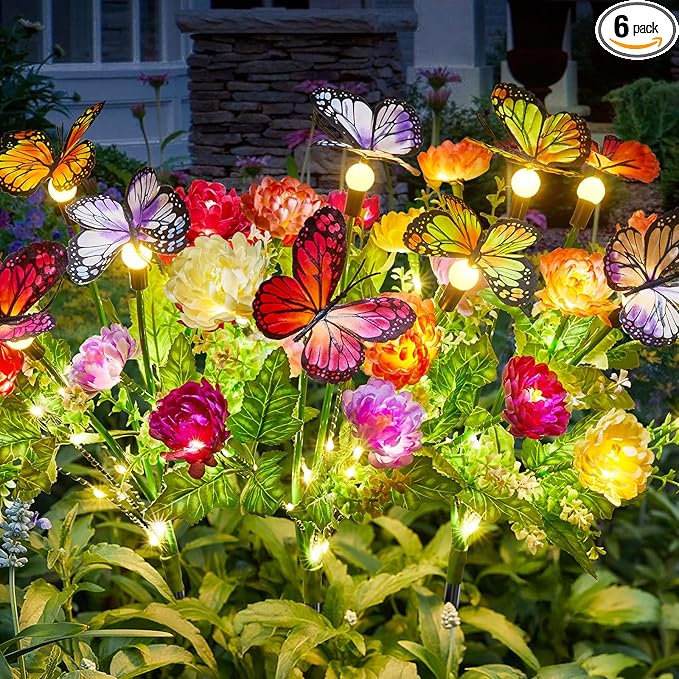 Solar Flowers Lights Outdoor Waterproof, 6 Pack 2 in 1 Solar Butterfly Bouquet for Garden Decor, LED Warm Lighting Garden Lights Outdoor for Pathway Yard Patio Decoration