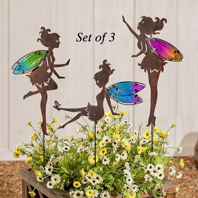 Metal Fairy Garden Stakes Decor,Charming Fairy with Colorful Wing Metal Stakes,Yard Art,Garden Outdoor Lawn Pathway Patio Ornaments,Outdoor Decor,Garden Decor