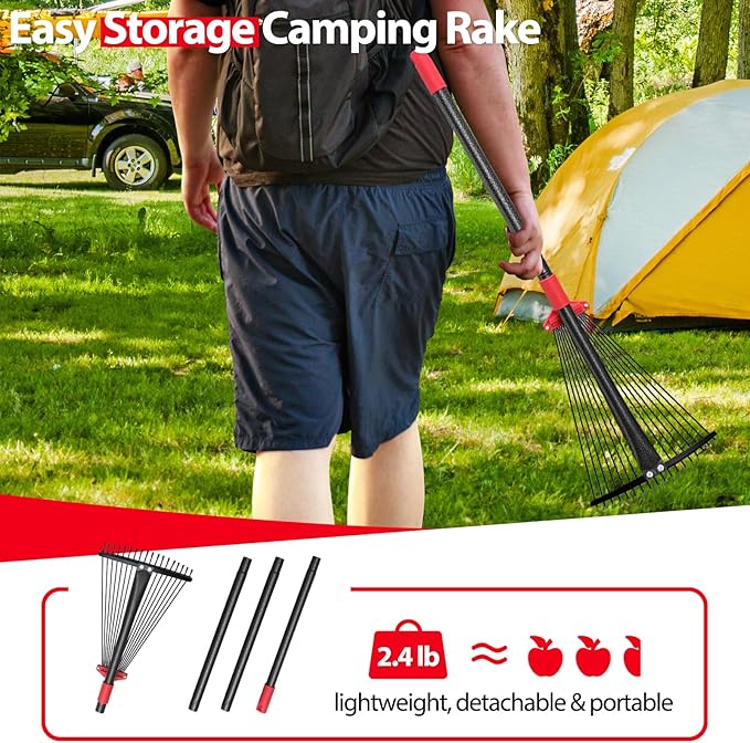 Rake, Adjustable Rake for Leaves with 9”-17” Rake Head, Rakes for Lawns Heavy Duty, 60 in Garden Rake with 18 Clog-Free Tines, Long Handle, Metal Rakes Tool for Gardening, Fast Cleanup Camping Rake