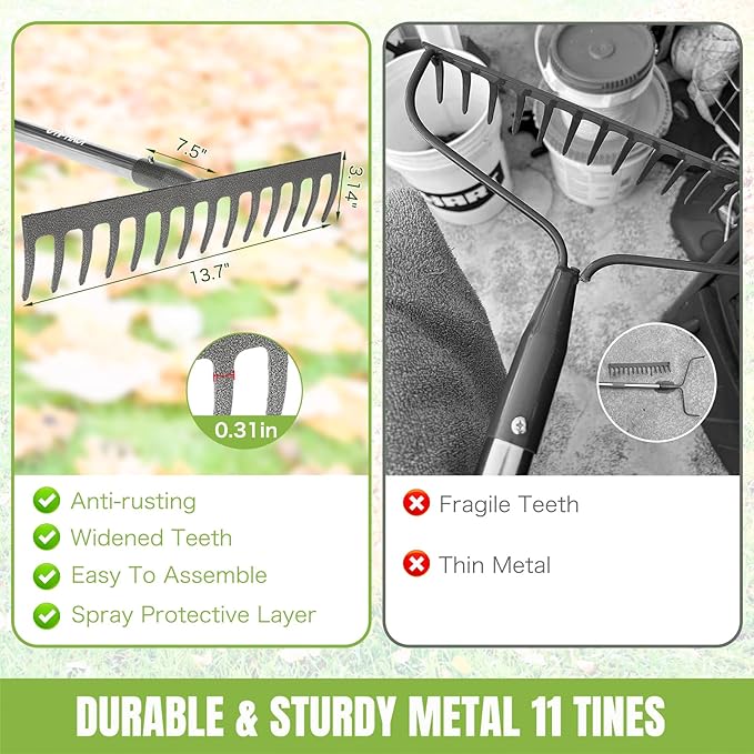 Joyhalo Rake for Leaves, 14 Tines Rakes for Gardening, Adjustable Length from 30.5 to 57 Inch Bow Rake, Metal Rake for Gardening, Rock Rake for Leveling, Loosening Soil