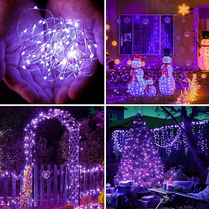 kolpop Purple Solar Fairy Lights Outdoor Waterproof, 3 Pack 32FT 80LED Solar Powered String Light, 8 Modes Copper Wire Solar Twinkle Lighting for Halloween Tree Garden Yard Outside