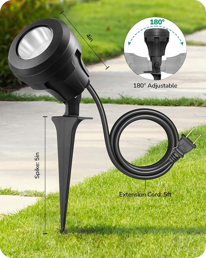 EDISHINE 120V LED Outdoor Spotlight, 5 Extra Lenses (RGB Purple Blue), 4.8W 5000K Plug in Spotlight Outdoor, Waterproof Landscape Light for Yard, Holiday Tree Flag Light, UL Listed