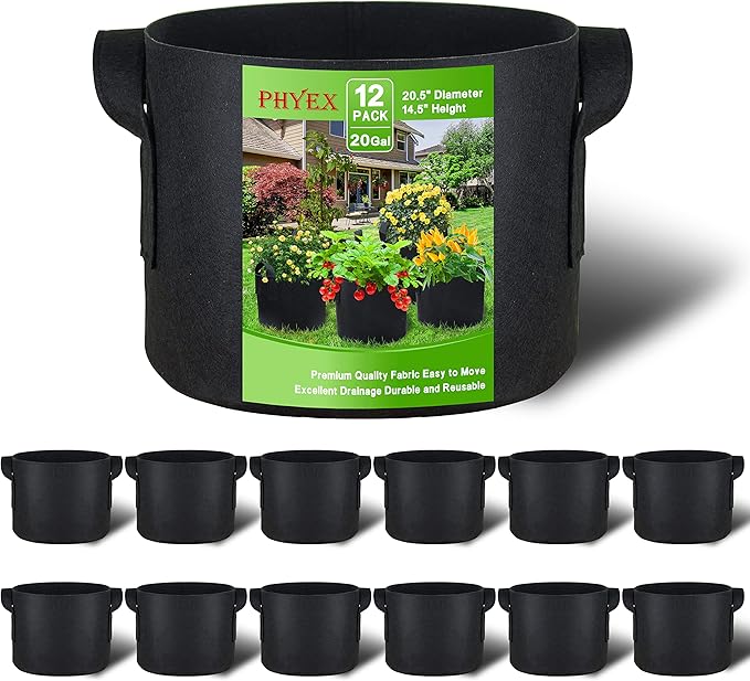 PHYEX 12-Pack 20 Gallon Grow Bags, Thickened 300G Nonwoven Fabric Pots with Reinforced Handles, Planting Bags for Healthy Root Growth, Vegetables, and Flowers, Come with 12 Pcs Plant Labels