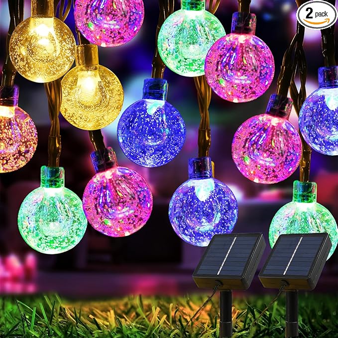Solar Lights Outdoor Waterproof, 2 Pack Total 200LED 110FT Solar String Lights for Outside w/ 8 Modes, Outdoor String Lights Crystal Globe Patio Lights for Garden Yard Party Decor(Multicolor)