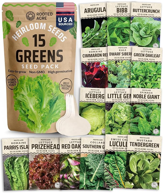 Rooted Acre 15 Lettuce & Green Seeds Pack | Non-GMO Heirloom Seeds | Garden Salad Greens Seeds | Hydroponic Vegetable Seeds for Planting Indoor | Romaine, Kale, Spinach, Arugula, & Butter Lettuce Seed