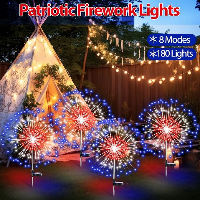 4th of July Decorations Outdoor 4 Pack Solar Power Yard Firework Lights Patriotic Garden Waterproof Solar Lights with 180 LED 8 Modes for Independence Day Party Decoration(Red, White, Blue)