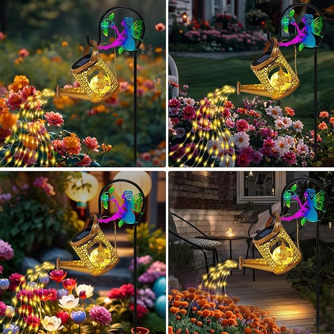 Solar Lights Garden Decorative, Solar Watering Can with Cascading Lights, Waterproof Metal Lantern with Fairy Shepherd Hook, Outdoor Decor for Yard, Patio, Lawn, and Pathway