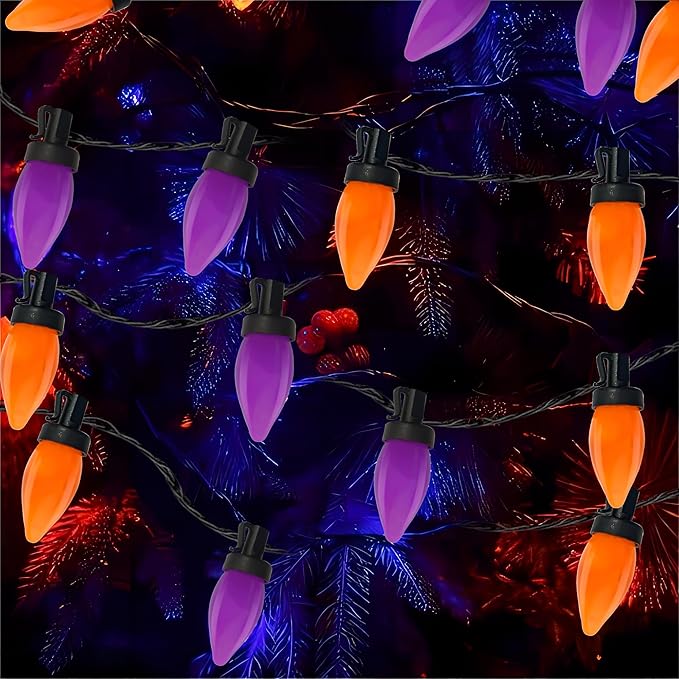 26FT LED Halloween Lights Outdoor, C7 Orange and Purple Halloween Stirng Lights with 50 LED Bulbs, Plug-in Outdoor Halloween Decorations Lights Waterproof for Halloween Patio Outdoor Party Yard Garden