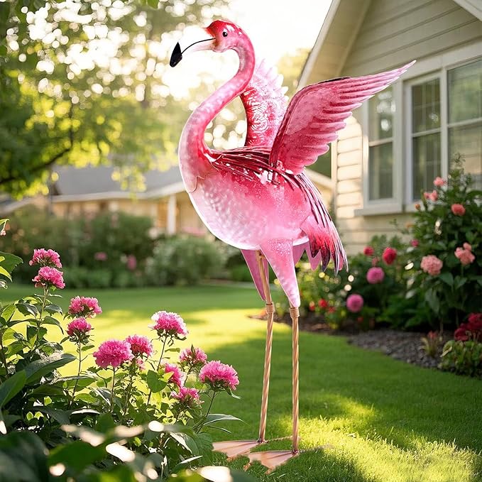Natelf Garden Flamingo Statues and Sculptures, Outdoor Metal Bird Yard Art, Pink Flamingos Lawn Ornament for Patio Backyard Porch Decorations