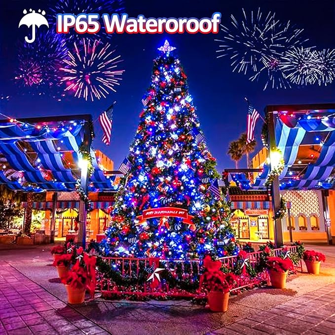 EEW 2pk Red White and Blue Solar String Lights Outdoor Waterproof, Solar Powered LED Patriotic Lights 200 LED, Solar Tree Lights for Independence Day Decor 4th of July Memorial Day Decorations