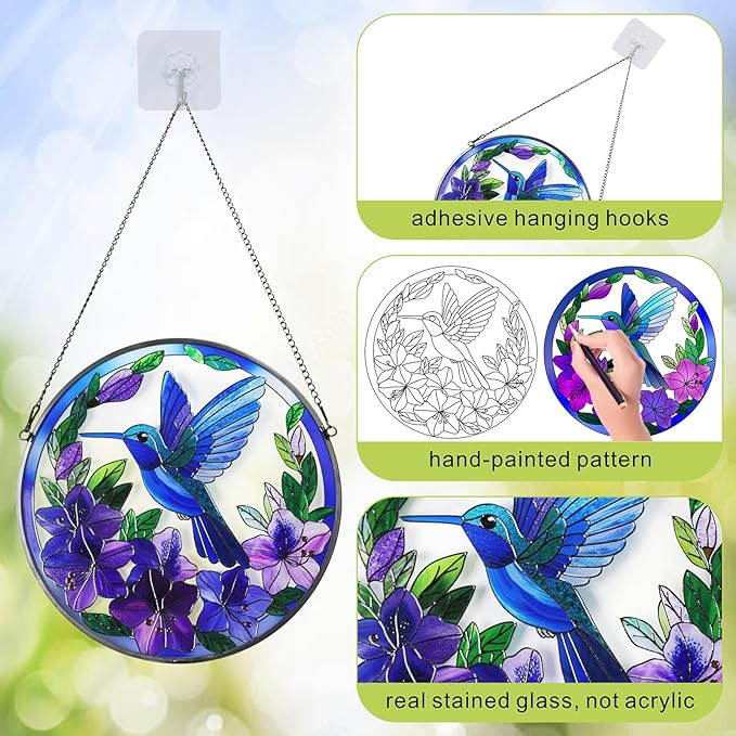 Stained Glass Sun Cather for Window Hanging, 8.6'' Hummingbird Window Ornament for Indoor Outdoor, Hand Painted Stain Glass Gift for Women, Bird Nature Lovers