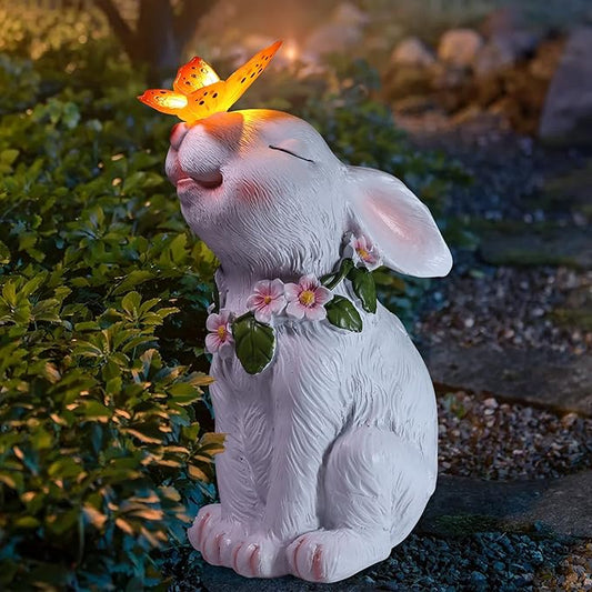 Attivolife Garden Solar Outdoor Statues Bunny Light, Patio Decor Easter Rabbit with Butterfly Ornament for Lawn Balcony Yard Art Decoration, for Mom Grandma