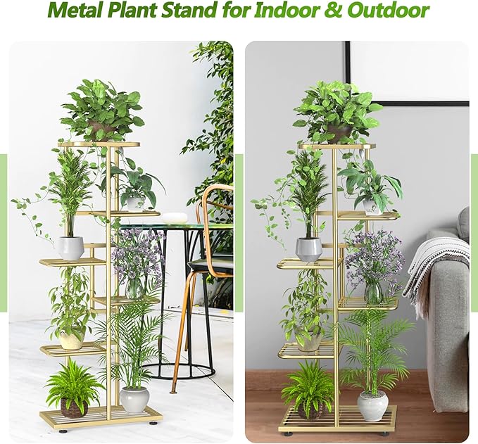 6 Tier 7 Potted Gold Plant Stand Indoor Outdoor with Gardening Tools and Gloves, Upgraded Corner Metal Plant Rack Shelf for Multiple Plants, Tall Flower Pot Holder Display for Patio, Balcony,