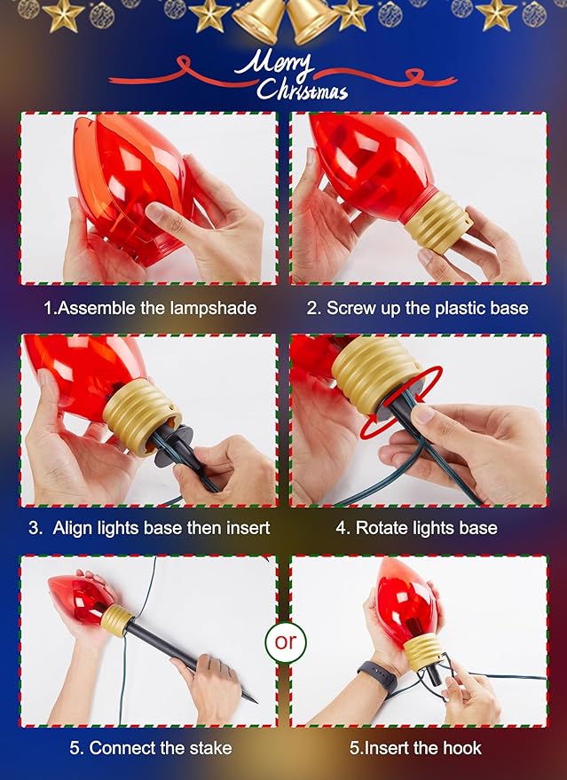 Jumbo C9 Christmas Lights Outdoor Decorations Lawn with Pathway Marker Stakes, 8.5 Feet String Lights Covered Jumbo Multicolored Light Bulb for Holiday Time Outside Yard Garden Decor, 5 Lights