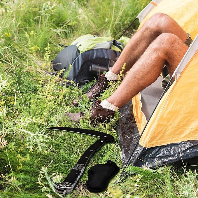 2 Pcs Black Sharp Folding Sickle 14.6 inch Grass Hand Sickle Knife Wooden Handle Portable Safety Manual Sickle Garden Tool with Sheath for Lawn Branches Weeds Gardening Farming Cutting