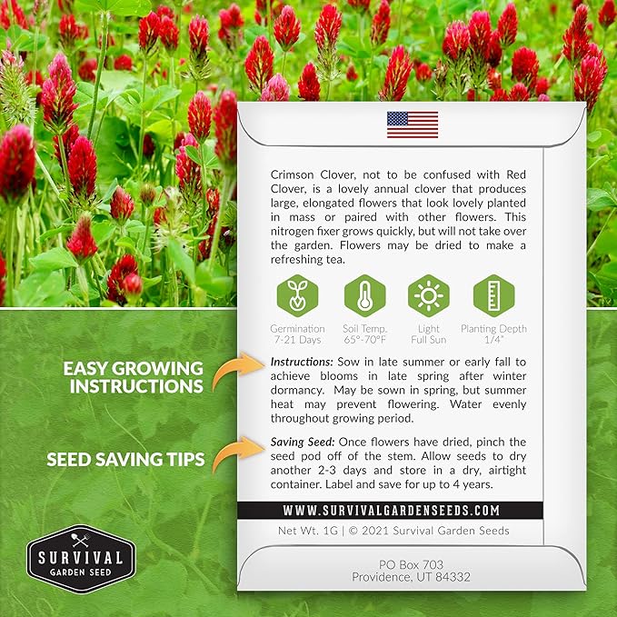 Crimson Clover Seed for Planting - 3 Packets with Instructions to Plant & Grow Flowers or Cover Crop in Your Home Vegetable Garden - Non-GMO Heirloom Variety - Survival Garden Seeds
