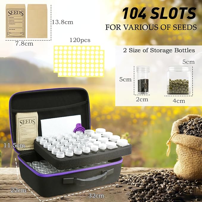 104 Slots Seed Storage Organizer with 20 Seed Envelopes, Portable Seed Organizer Box with Zipper Bag Label Stickers, Seed Storage Container 1 oz 5 oz for Flower Plants Garden (104 Jars)
