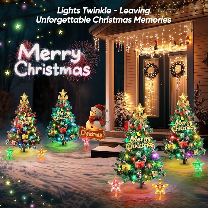Christmas Tree Lights Outdoor Decorations: 2 Pack 72LED Artificial Small Christmas Tree, 8 Colorful Modes Solar Christmas Lights, Prelit Christmas Tree Lights with 34PCS Xmas Ornaments 6 Lighted Star