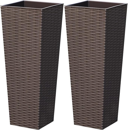 Greesum Large Tall Planter for Outdoors Plants, Set of 2, 24" Tall Plastic Flower Pots, Tapered Porch Planter with Drainage Holes for Patio, Backyard, Brown