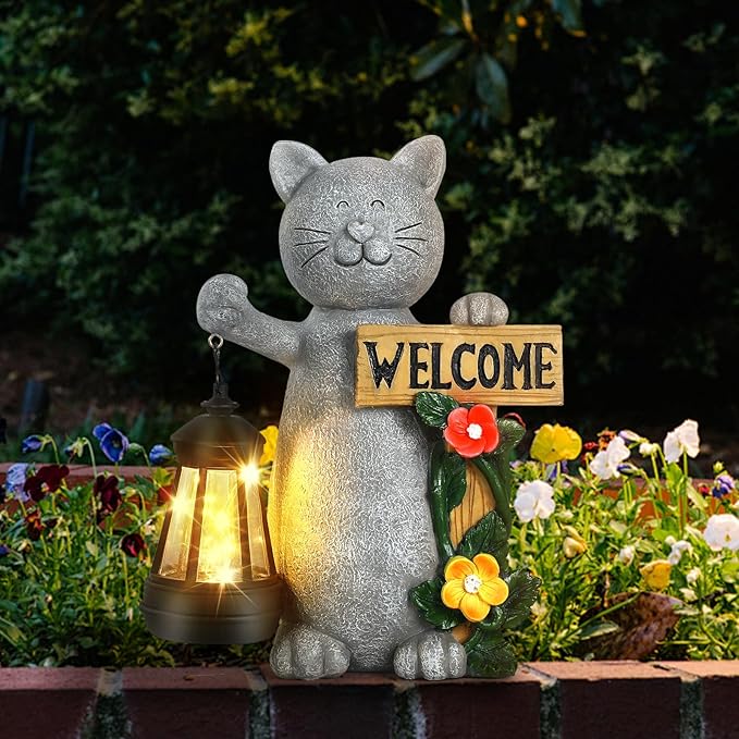 Solar Cat Statue with Solar Lantern-Outdoor Garden Décor, LED Lighted Kitty Figurine for Patio, Lawn,Yard-Valentine's Day, Birthday Gifts for Mom,Grandma,Cat Lovers