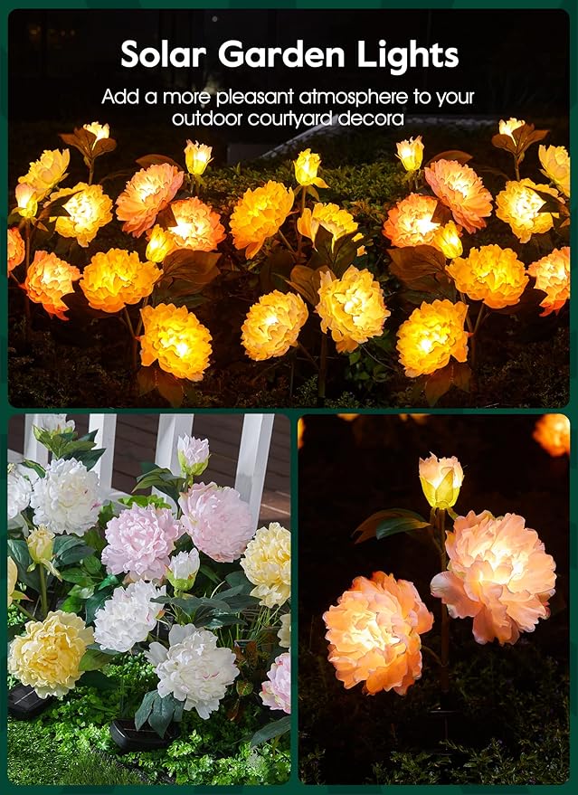 Outdoor Solar Flower Lights - 3 Pack Solar Garden Lights with Larger & More Realistic Peony, Bigger Solar Panel, Waterproof LED Solar Lights Outdoor for Yard Garden Lawn Pathway Decoration
