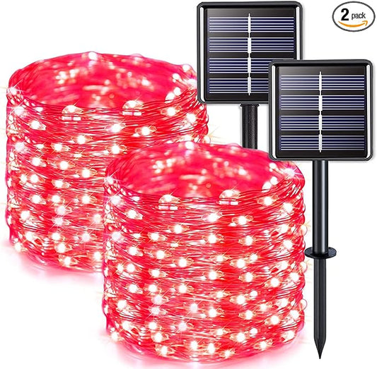 JMEXSUSS 2 Pack Solar Fairy Lights, 33FT 100 LED Red Outdoor Waterproof String Lights for Outside Tree Party Patio Christmas Valentine Day Decorations