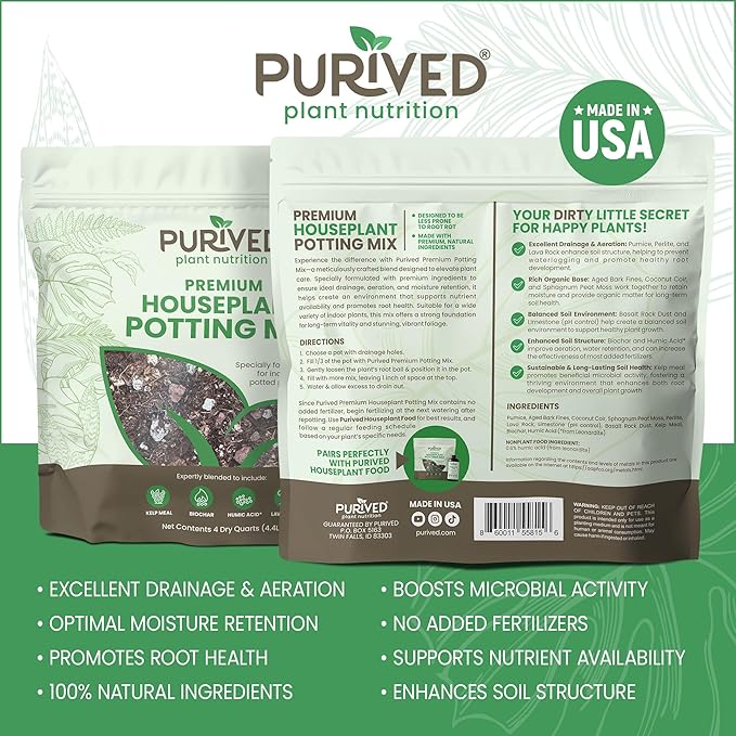 Purived Premium Houseplant Potting Mix | 4 Quarts | Ideal Soil Drainage & Moisture Retention for Indoor Potted Plants | with Kelp, Biochar, Lava Rock & Humic Acid | Made in USA