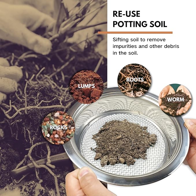 Soil Sifter for Gardening, Stainless Steel Sifting Pan Dirt Sifter, 9.5in Rock Sifter with 3 Sieve Mesh Filter Sizes (0.04",0.12",0.2")