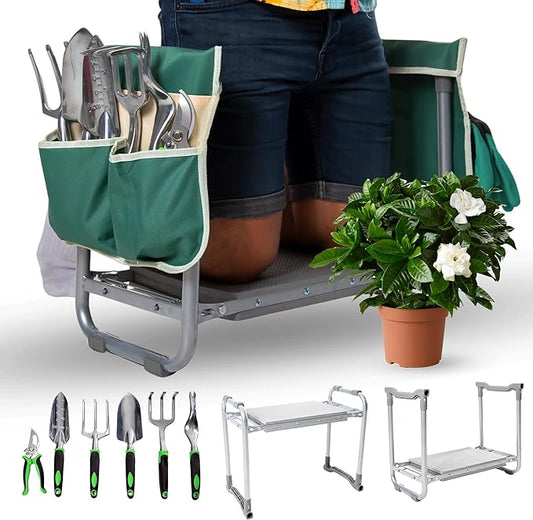 Garden Kneeler and Seat with Soft Foam Pad - Six Gardening Tools - Bags and Gloves -Gardenig Work Seats - Gardening Supplies - Gardening Gifts for Men and Women - Garden Kneeling Bench with Handles.